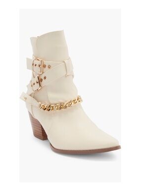 Matisse Jill Buckle Chain Trim Bootie Ivory  With Gold Tone Chain Women’s 7.5